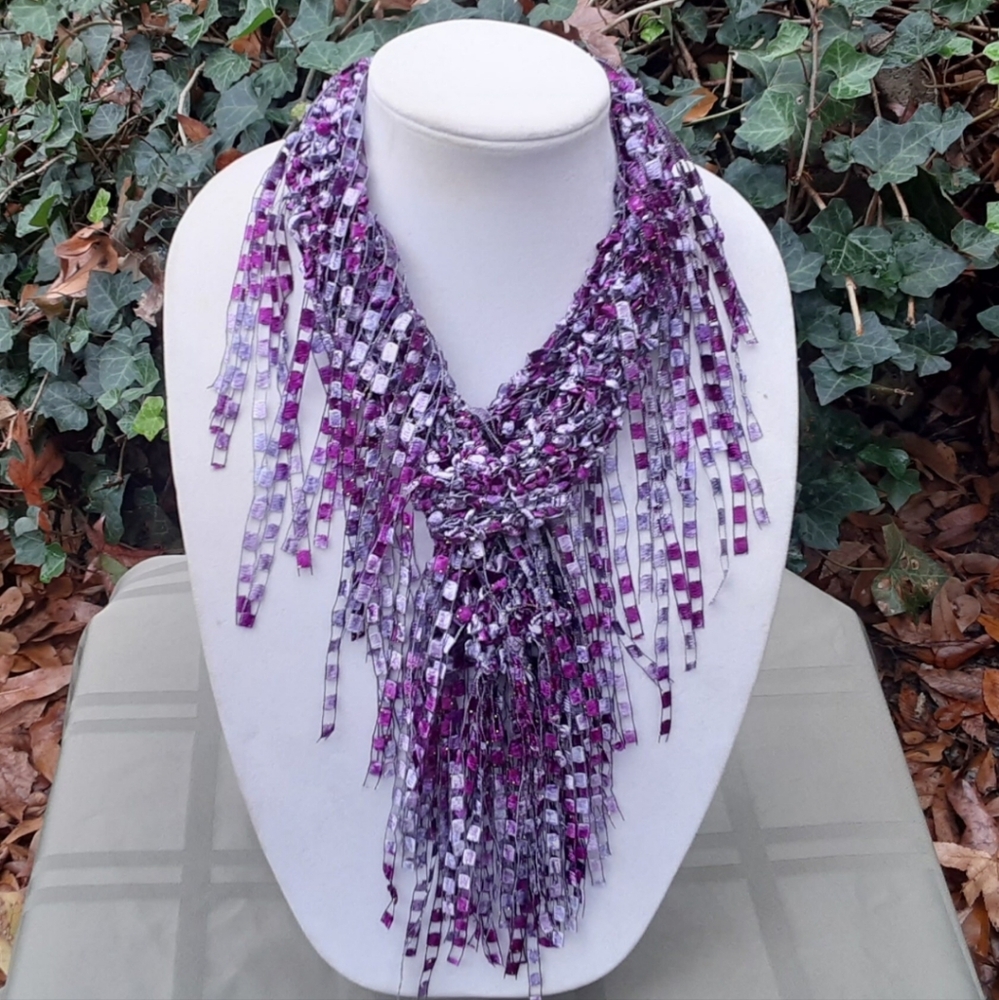 Hand knit women's fringe scarf